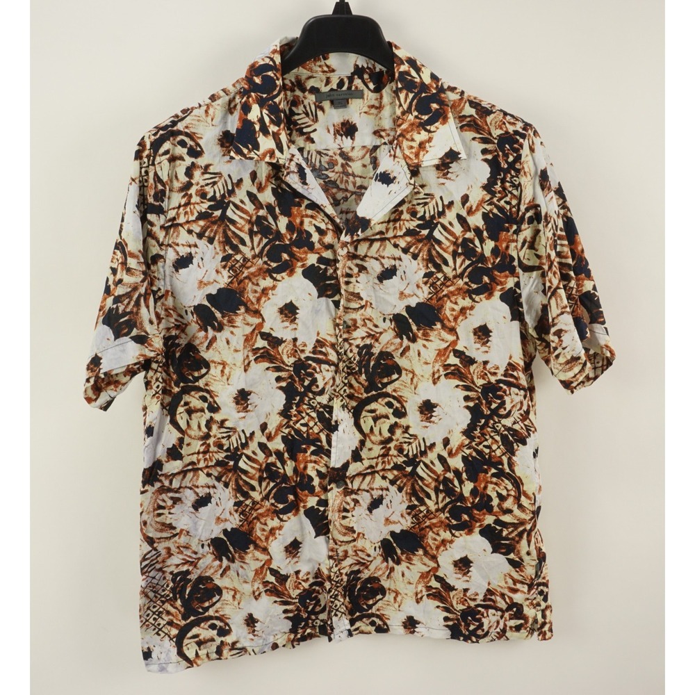 John Varvatos Loop Collar Danny Camp Shirt Mens XL Short Sleeve Floral Yellow‎